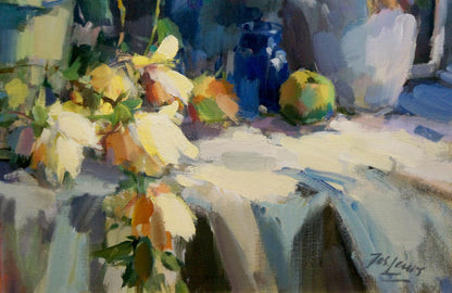 Vibrant impressionistic oil painting of yellow white flowers drinks still life