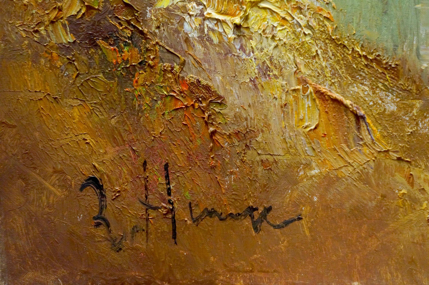 Textured impasto oil painting of fairy forest in golden yellow and brown hues