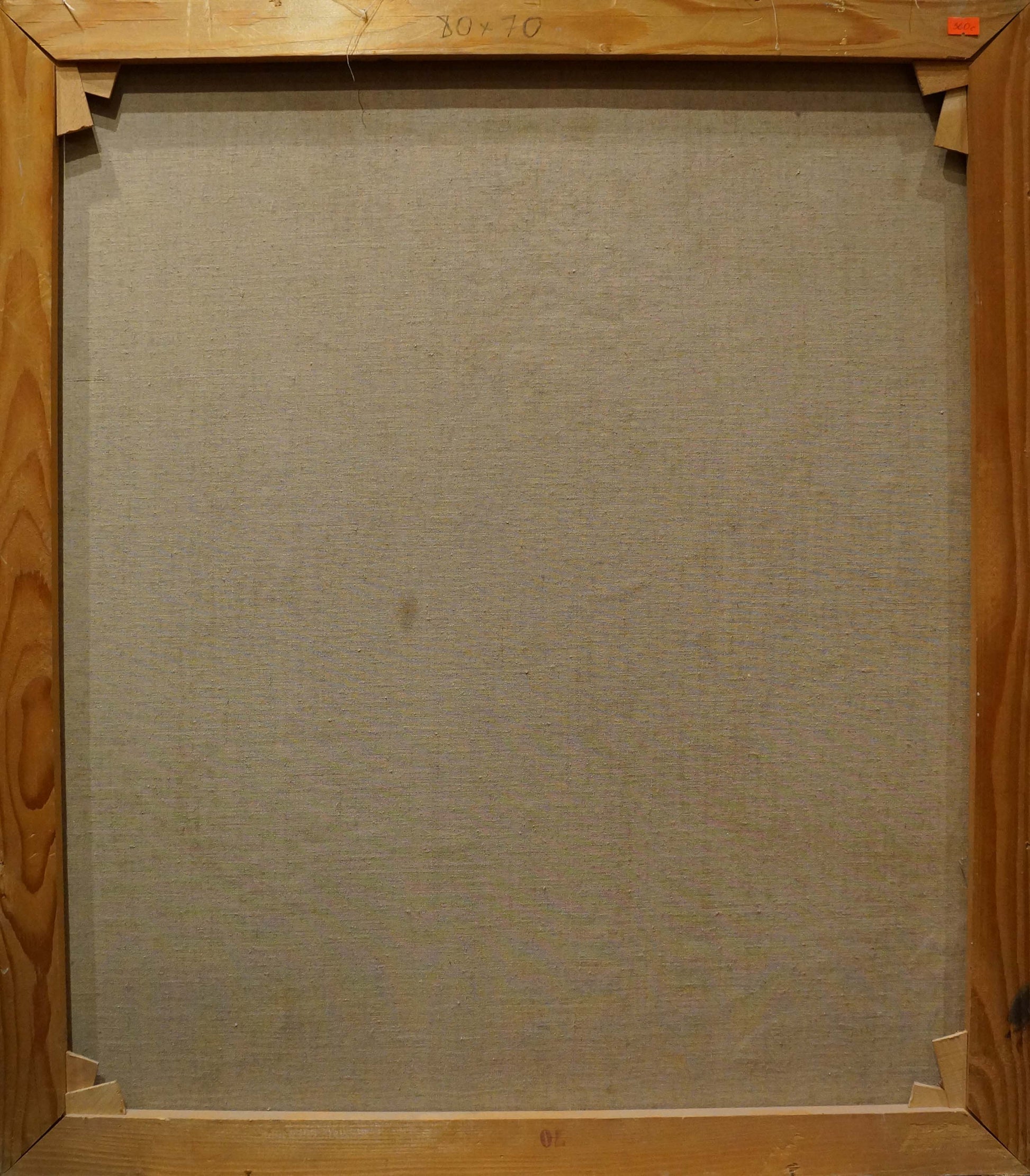 Back of oil painting Fairy forest on beige canvas in light brown wooden frame