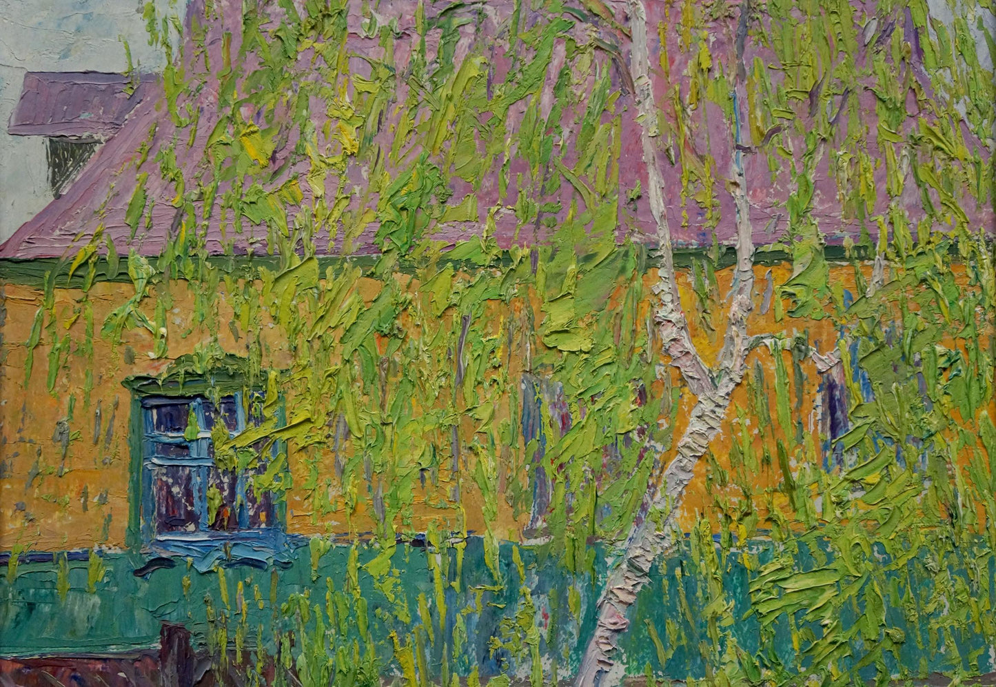 Vibrant impressionistic oil painting of yellow house in spring by Mandrikova Donchik Nadezhda Alekseevna