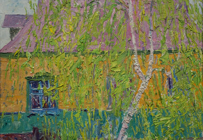 Vibrant impressionistic oil painting of yellow house in spring by Mandrikova Donchik Nadezhda Alekseevna