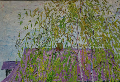 Vibrant impressionistic oil painting of purple-roofed spring house by Mandrikova Donchik Nadezhda Alekseevna