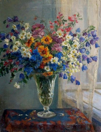 Oil painting of vibrant wildflowers bouquet in cut-glass vase by Maria Glushchenko