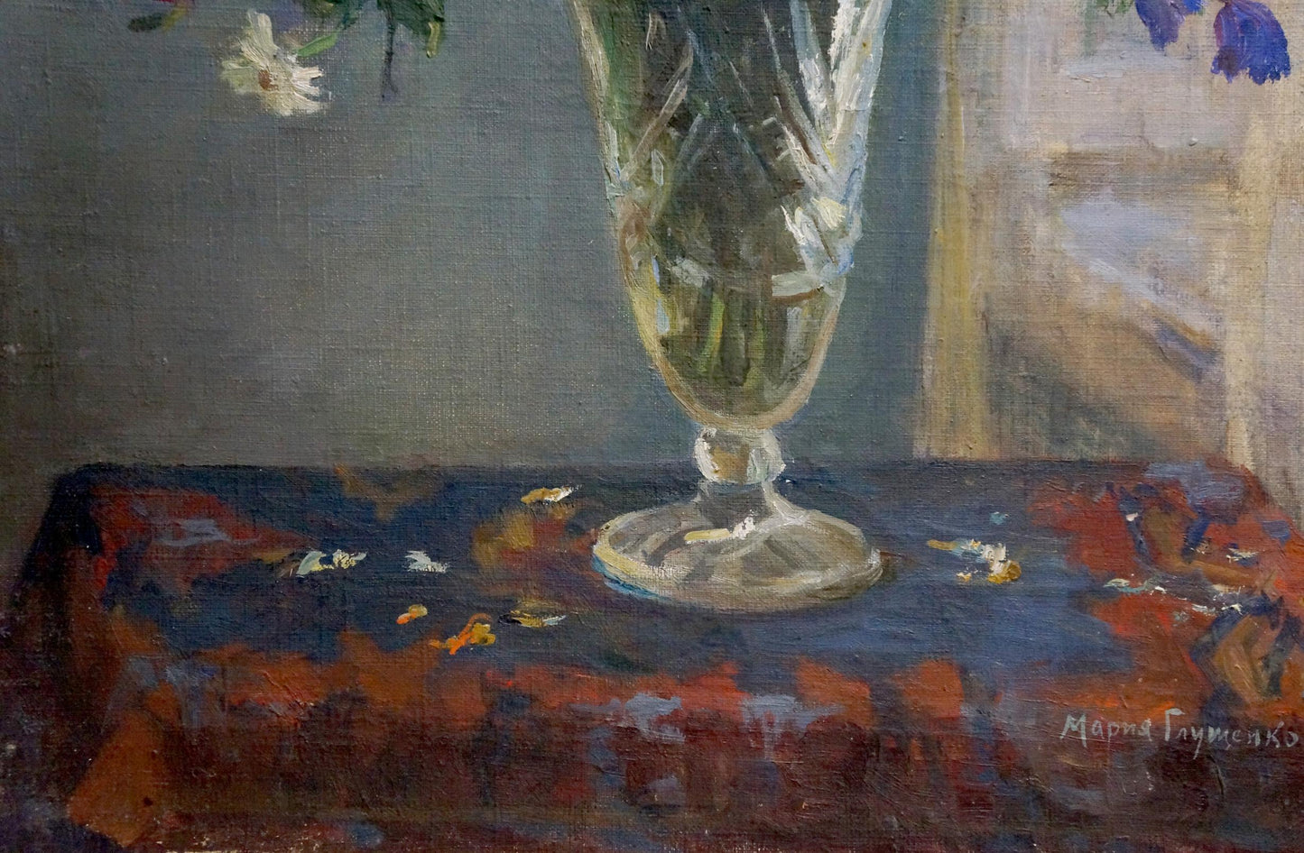 Tall fluted glass vase with sturdy base in Maria Glushchenko flowers oil painting
