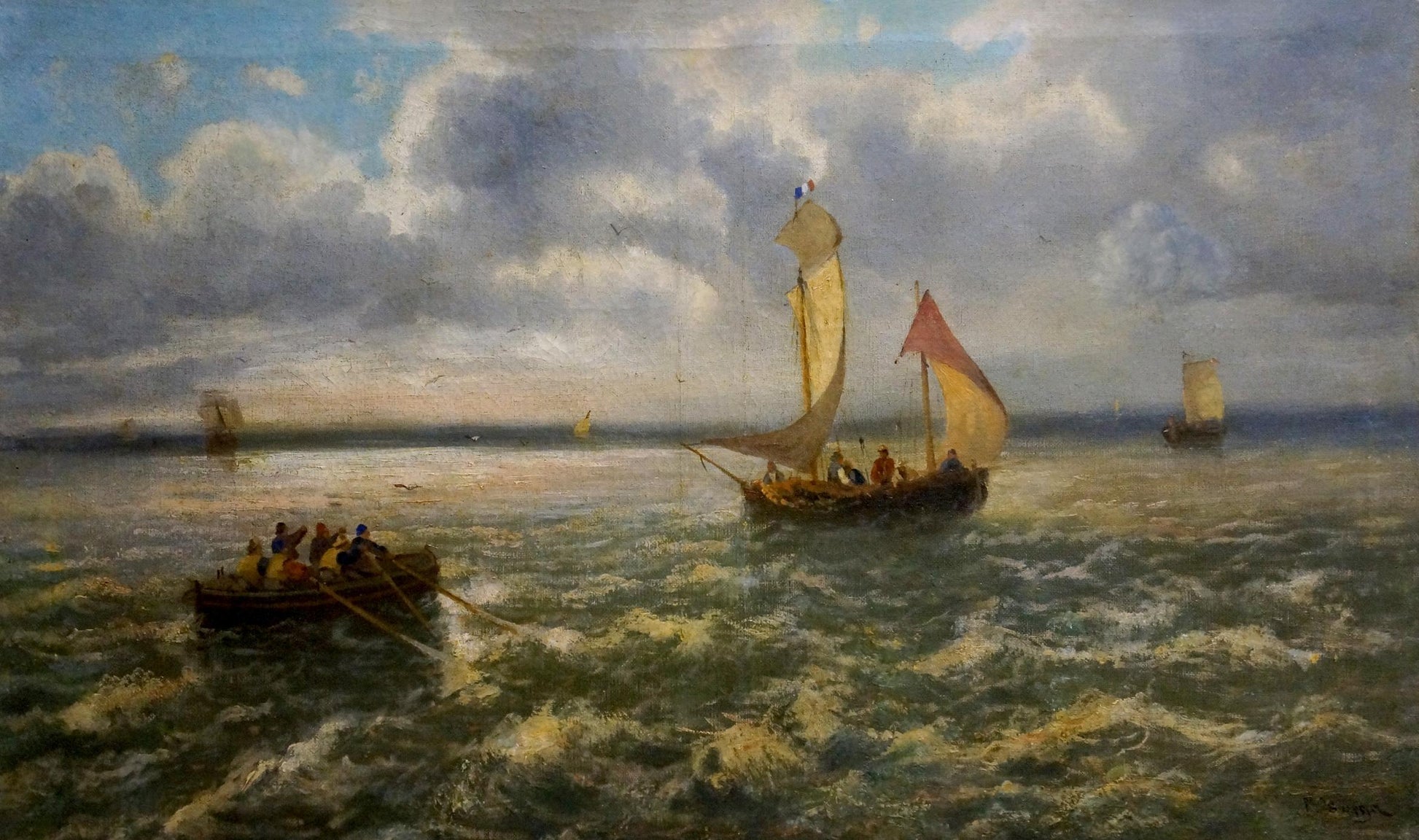 Oil painting of ship at sea with cream and red sails in choppy waters