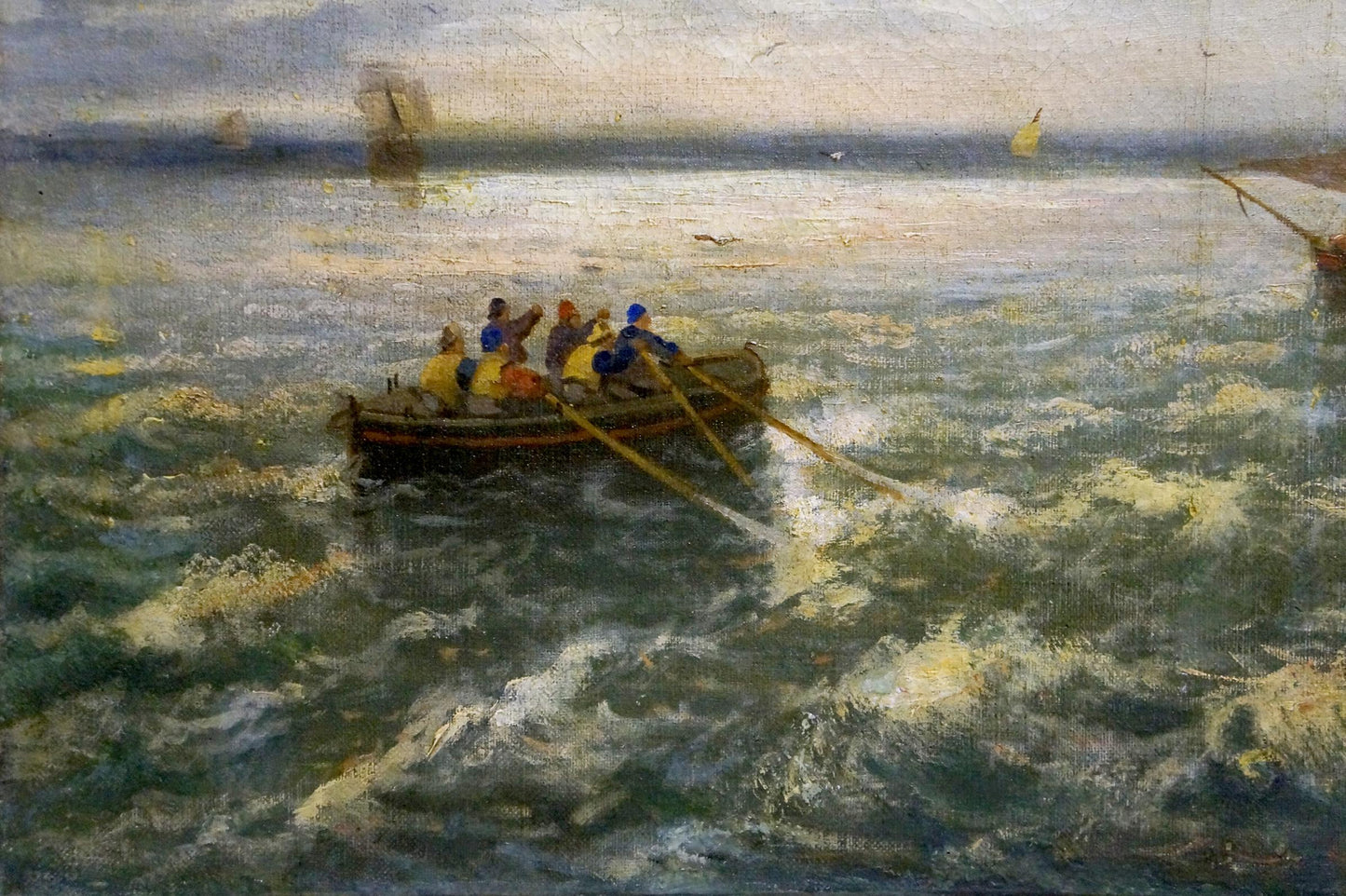 Oil painting of wooden rowboat with six people in colorful jackets on choppy sunlit sea