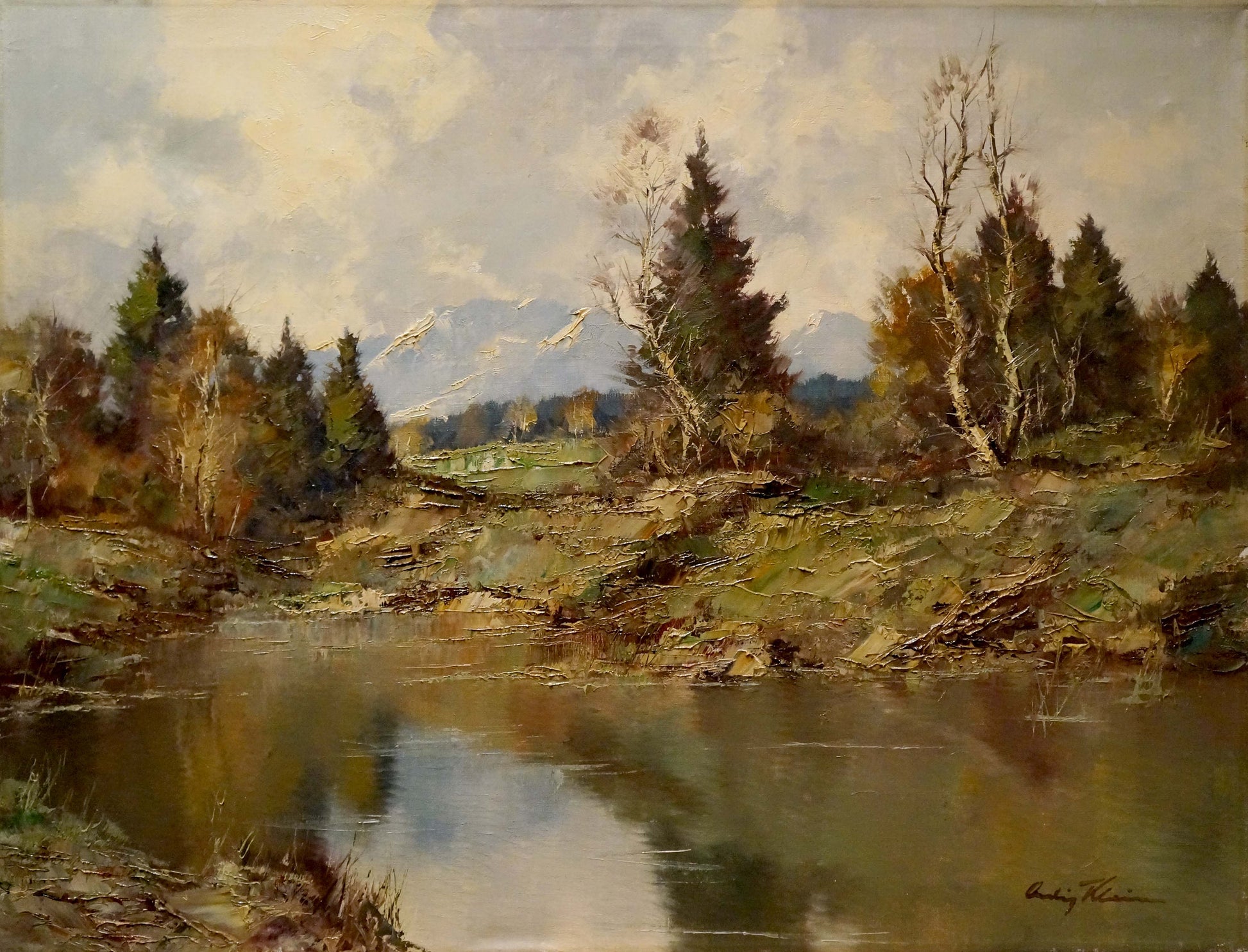 Oil painting Lake: serene riverbank with autumn trees and snowy mountains