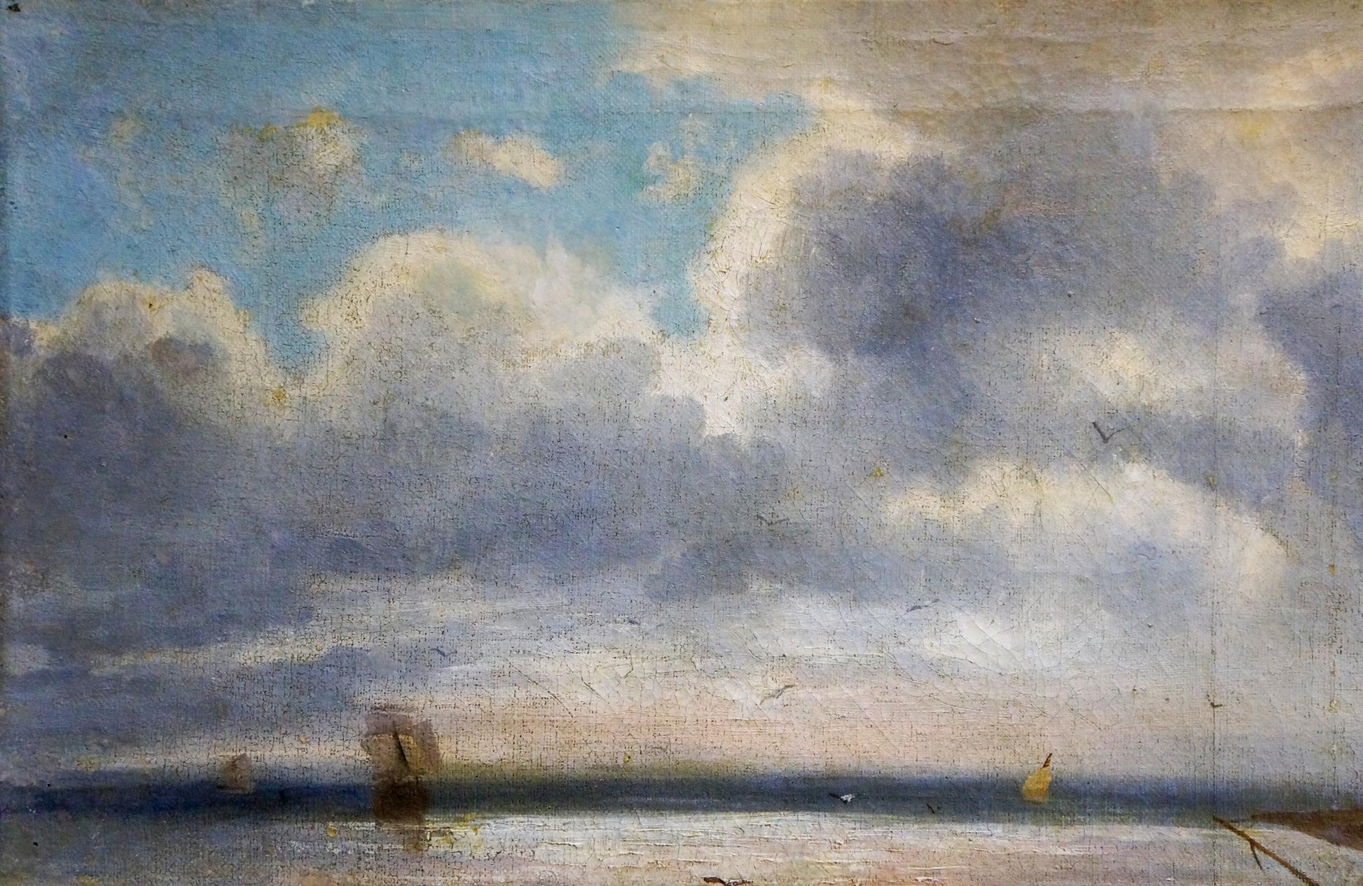 Oil painting of ships at sea under soft blue-gray sky and fluffy clouds