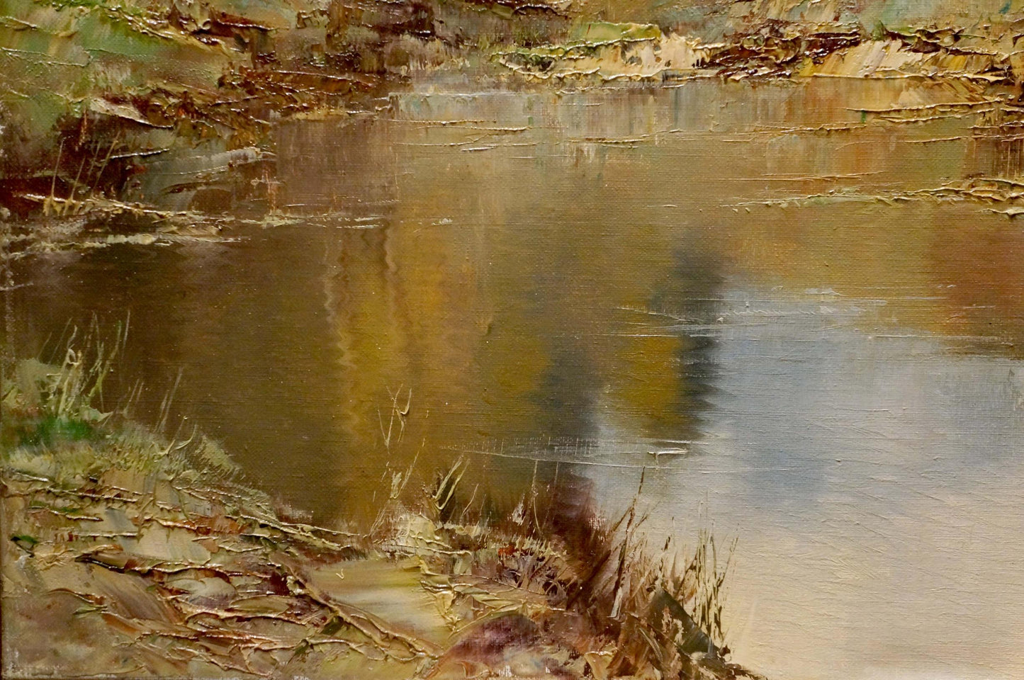 Textured oil painting of tranquil Lake river in earthy tones