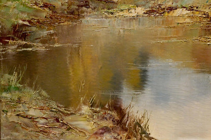 Textured oil painting of tranquil Lake river in earthy tones