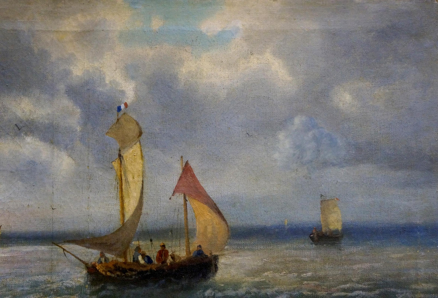 Oil painting of traditional ship at sea with tall mast, beige red sails, French flag