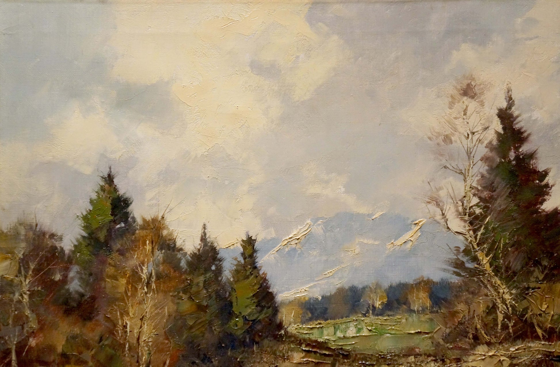 Oil painting Lake: serene mountains, snow peaks, trees, cloudy sky