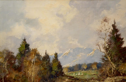 Oil painting Lake: serene mountains, snow peaks, trees, cloudy sky
