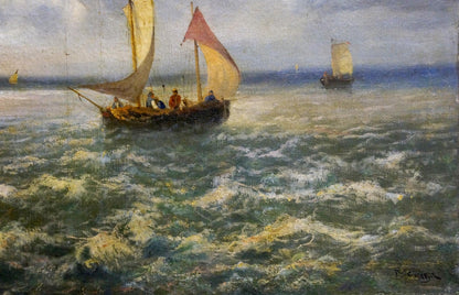 Oil painting of wooden sailboat with cream and red sails in choppy sea