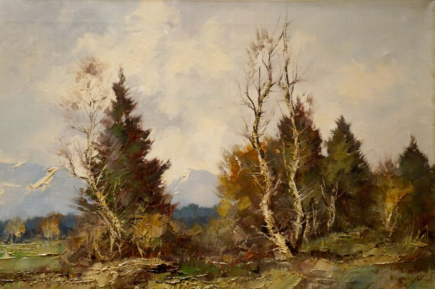 Autumn lake oil painting with bare birch trees and evergreens