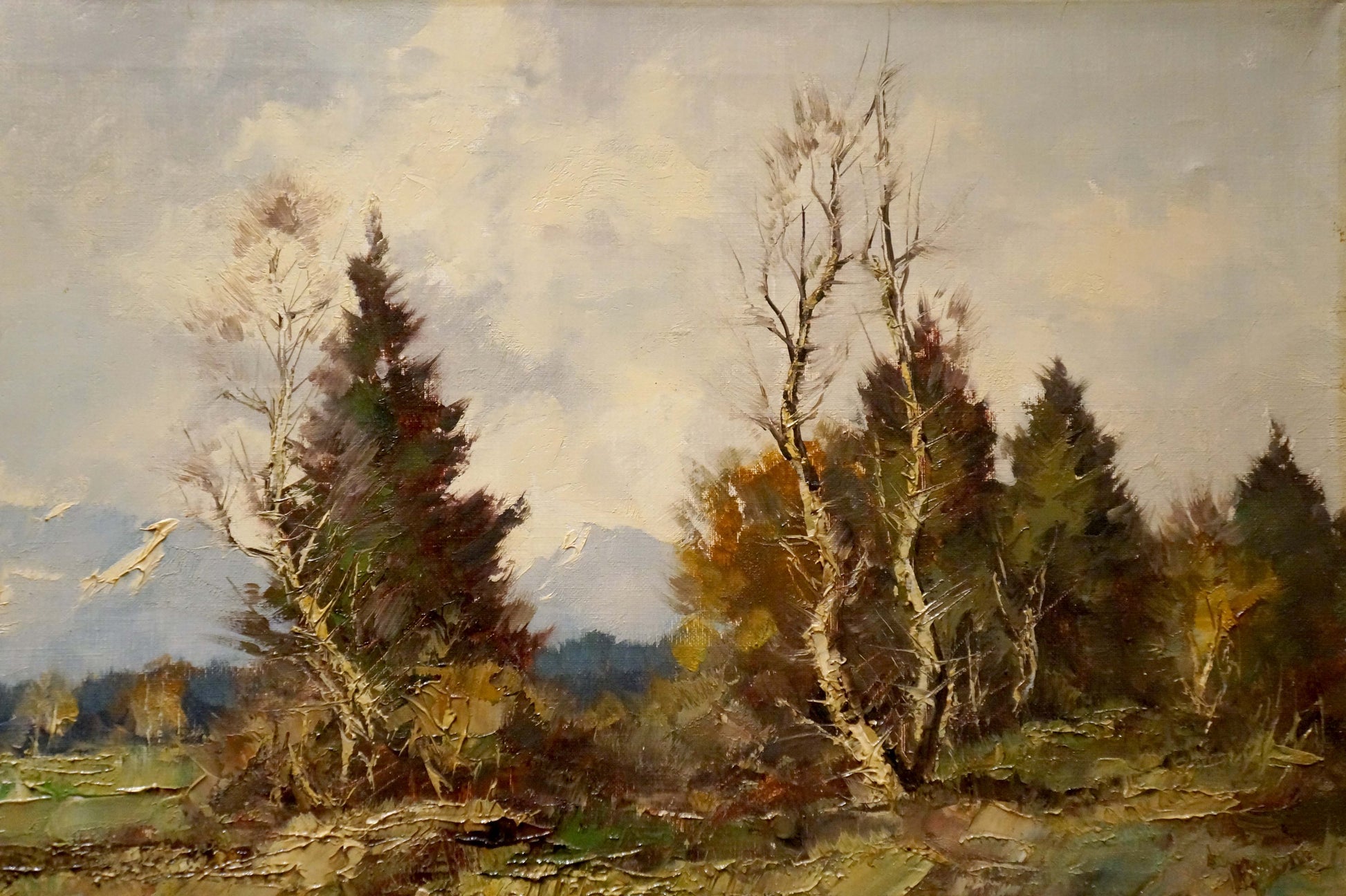 Autumn lake oil painting with bare birch trees and evergreens