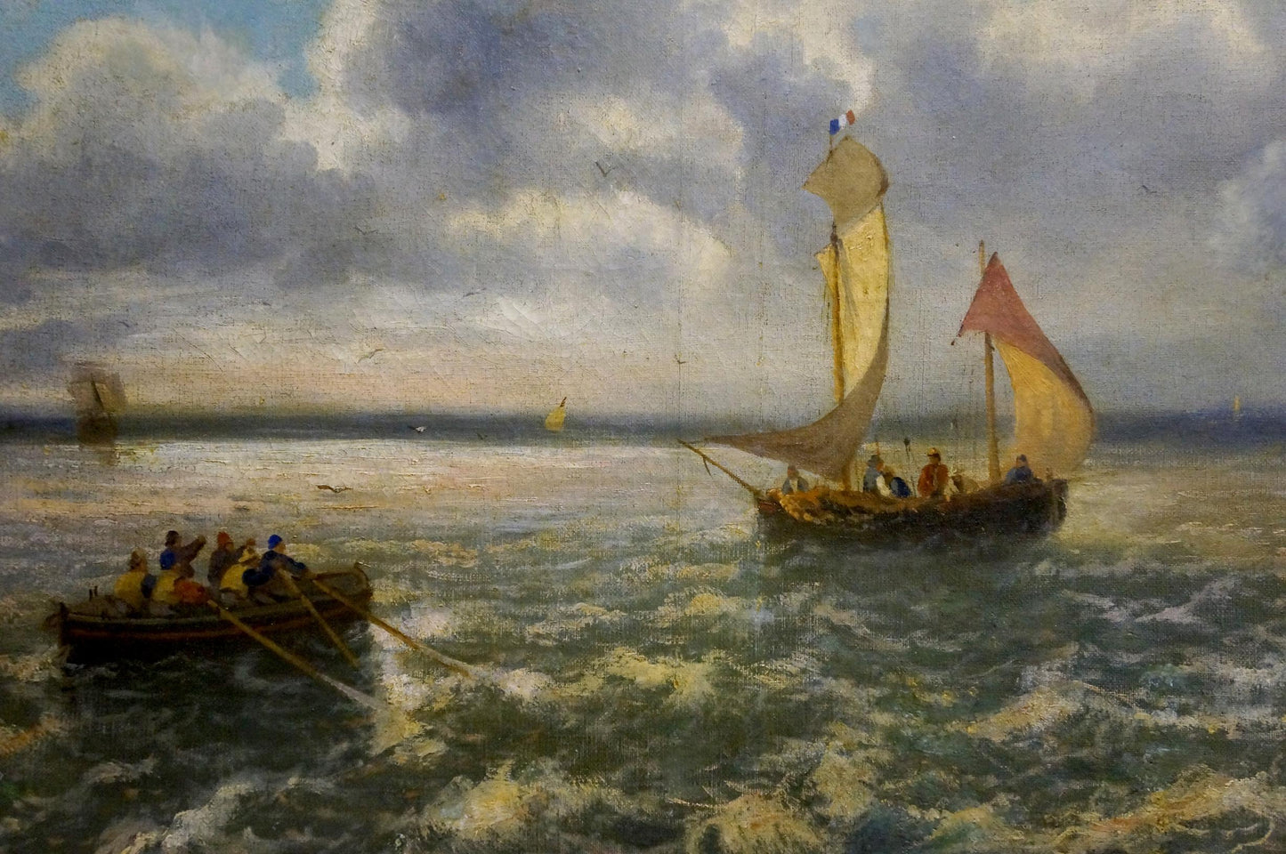Oil painting of ship at sea with cream red sails in choppy waters