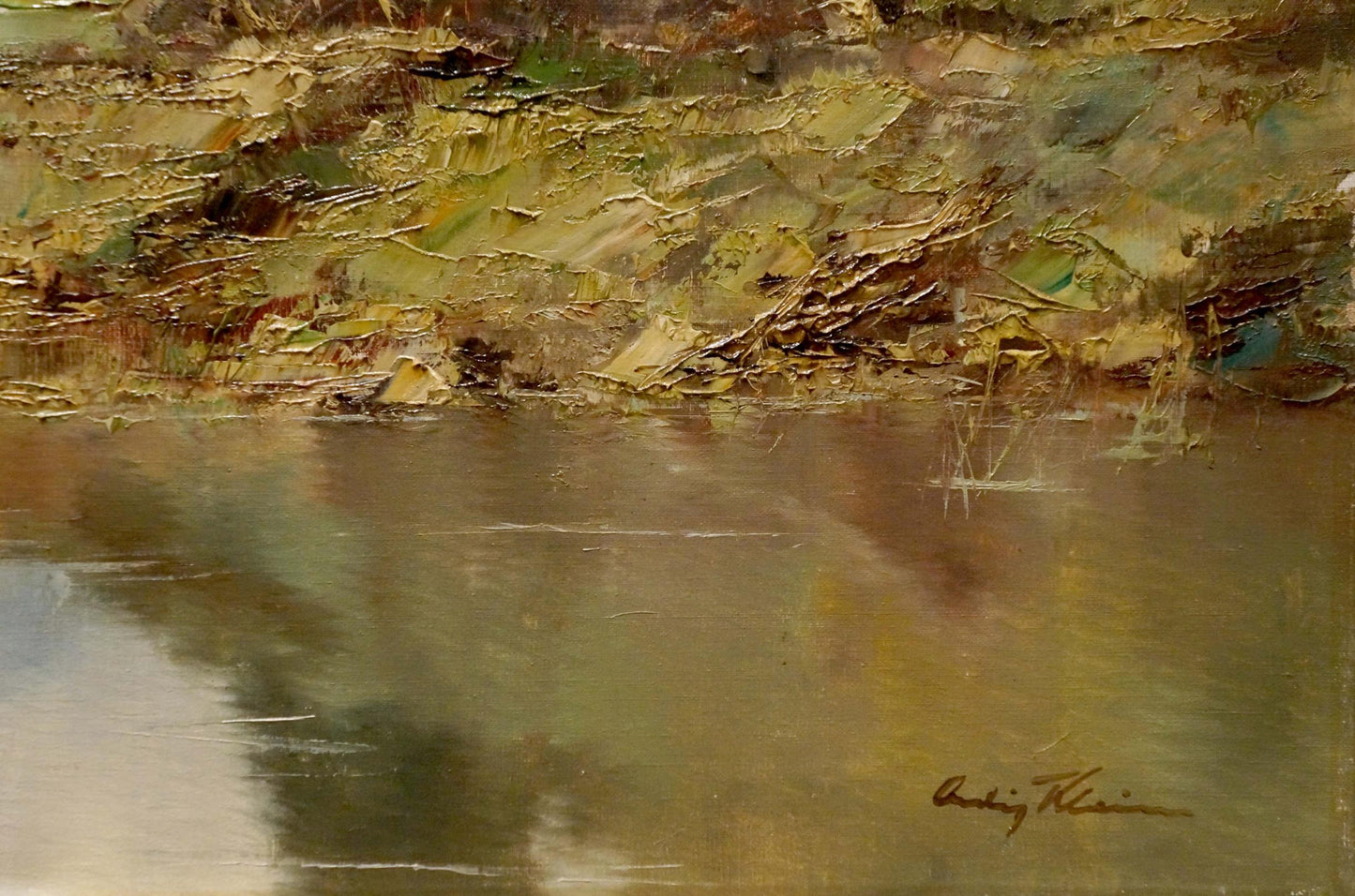Oil painting Lake: textured riverbank in impasto greens, browns, ochres on water