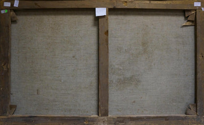 Back view of two-panel wooden-framed canvas with gray textured fabric, Ship at sea oil painting