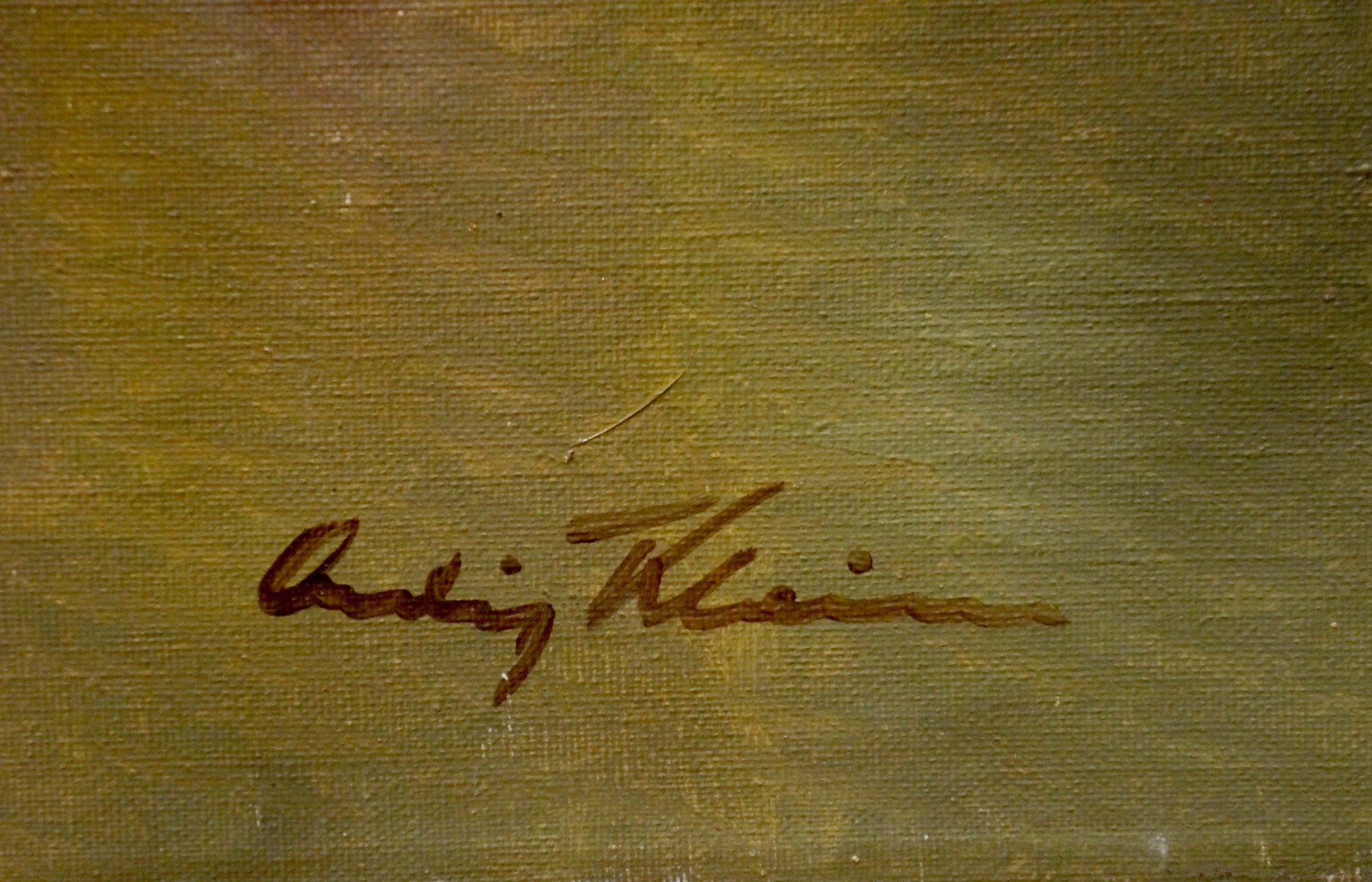 Back of Oil painting Lake: brown cursive signature on olive-green textured canvas