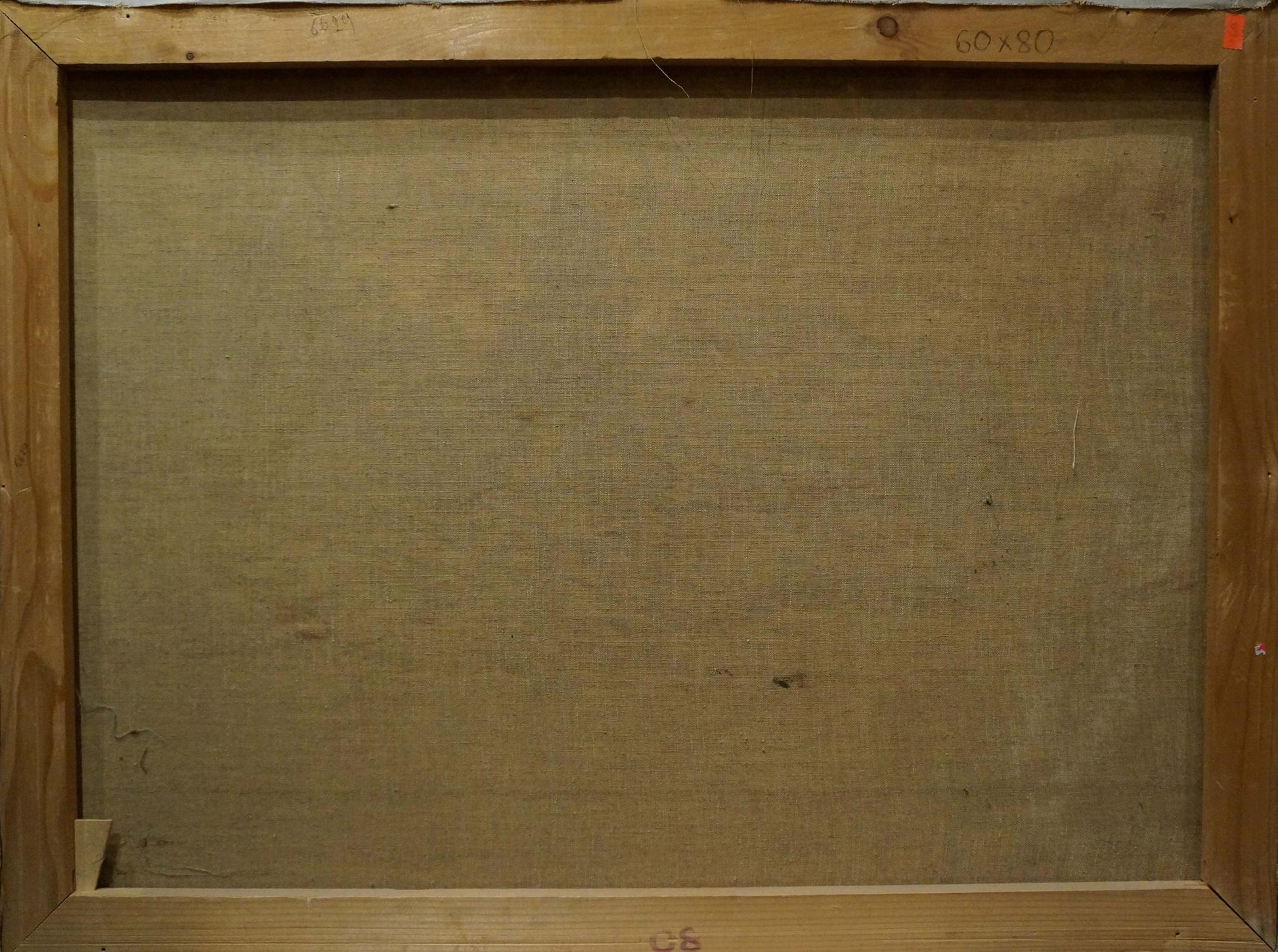 Back of Oil painting Lake wooden-framed canvas with beige textured fabric backing