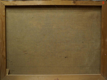 Back of Oil painting Lake wooden-framed canvas with beige textured fabric backing