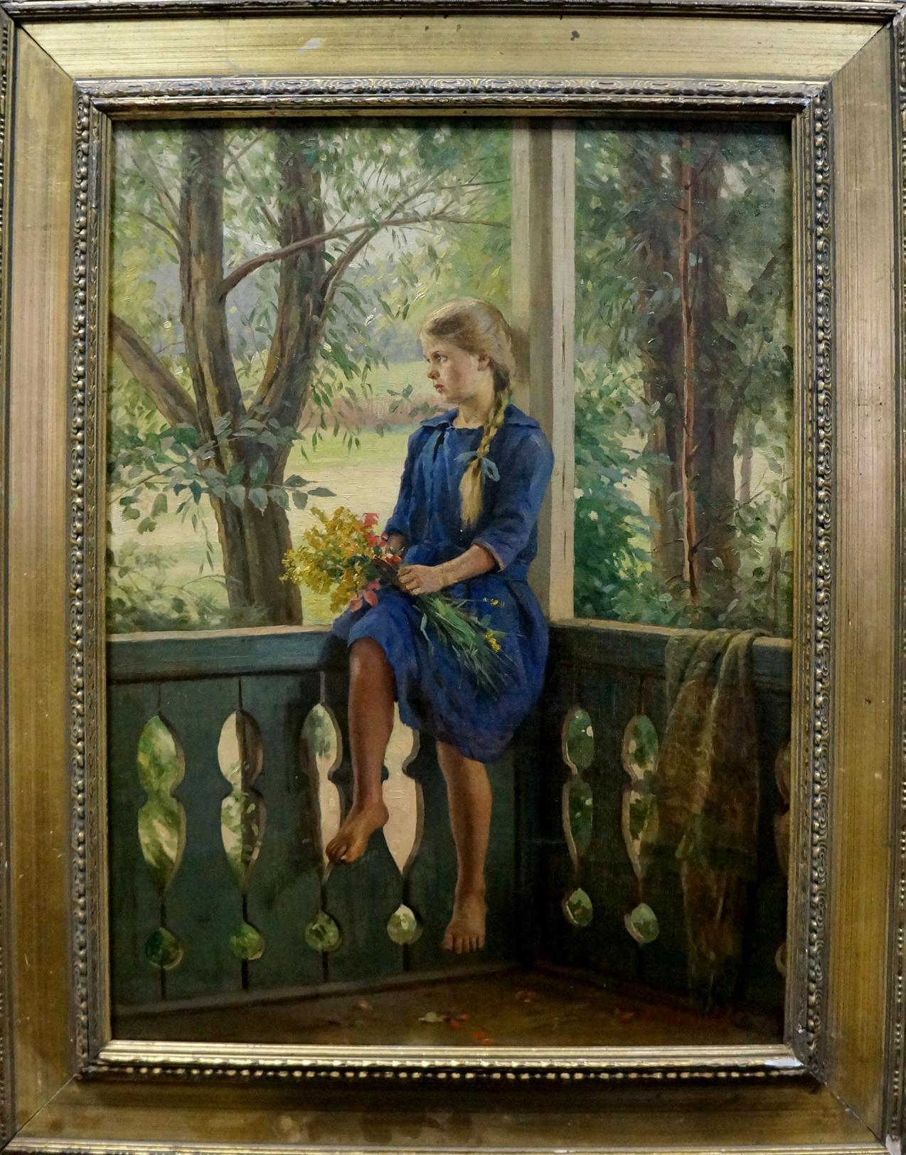 Oil painting of girl in blue dress by Laktionov Alexander Ivanovich