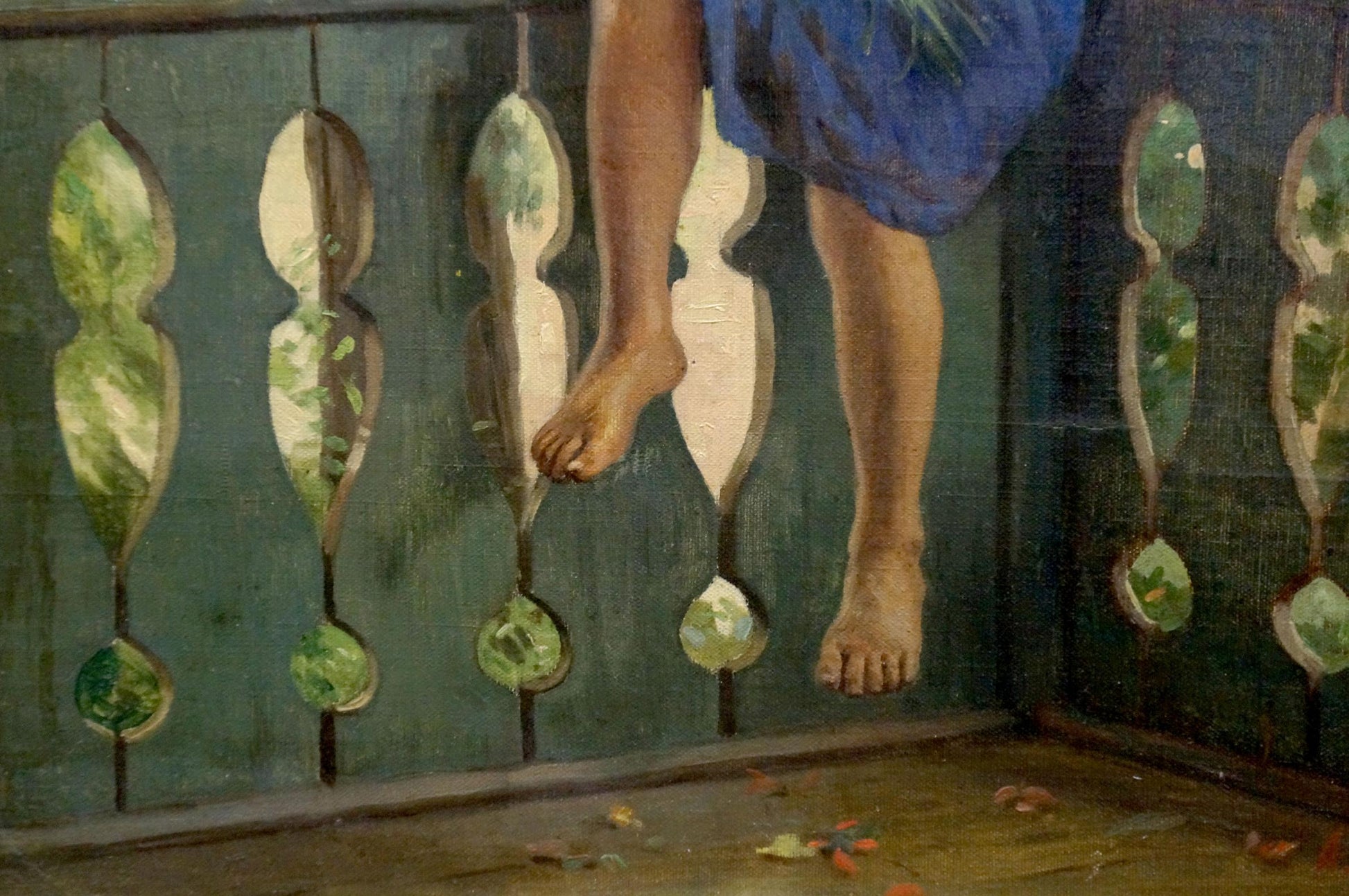 Oil painting by Laktionov: bare feet in blue garment on ornate balustrade