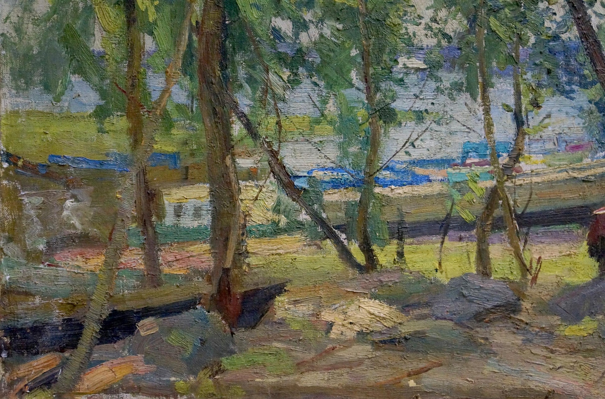 Textured oil painting by Latunov Grigory Antonovich: sunlit riverside park scene