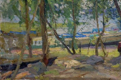 Textured oil painting by Latunov Grigory Antonovich: sunlit riverside park scene