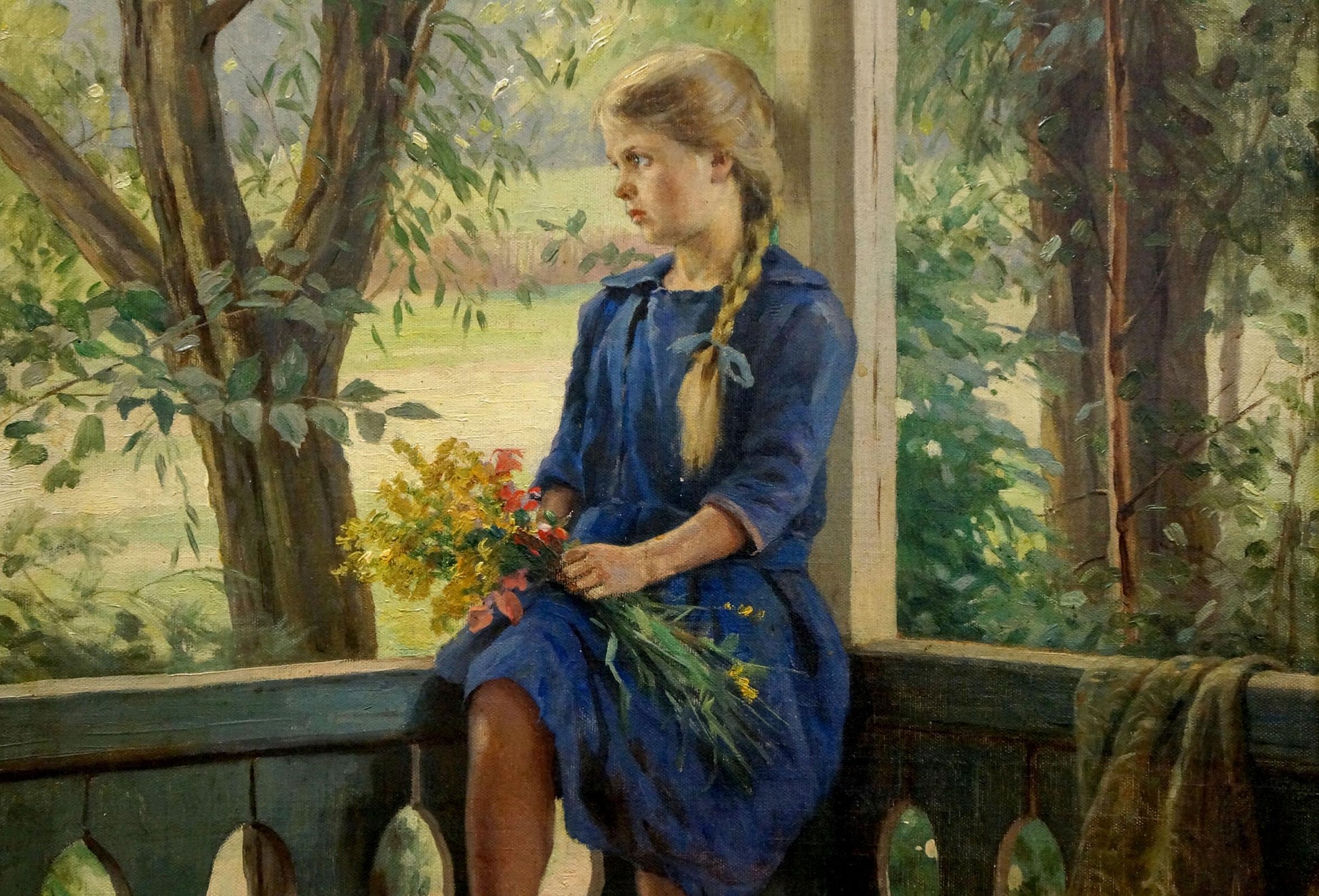 Oil painting of young girl in blue dress with wildflowers by Laktionov Alexander Ivanovich