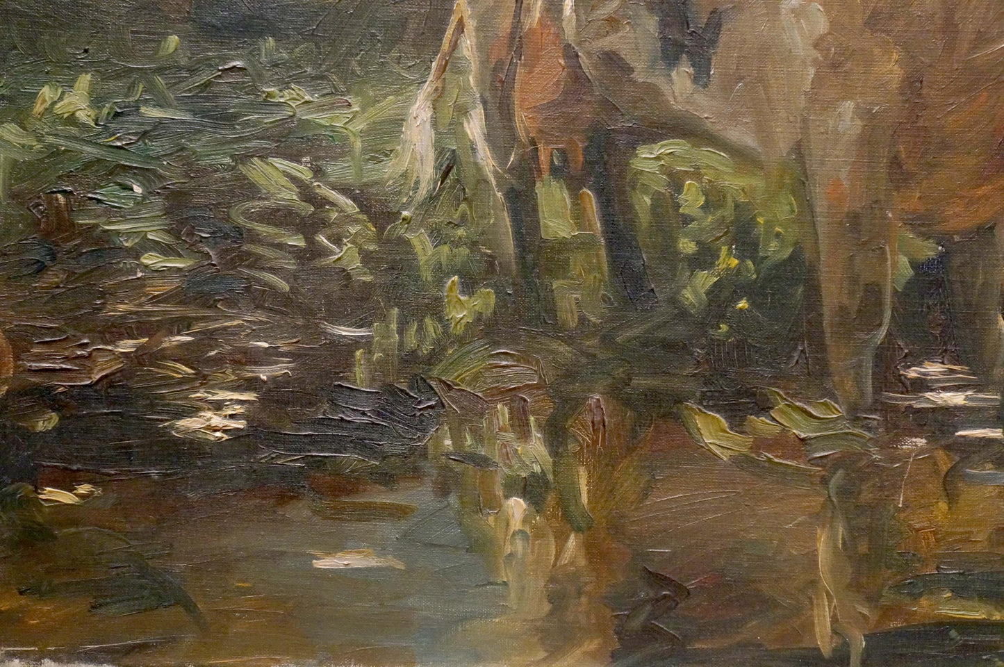 Impressionistic oil painting of cow at pond in forest, textured earthy tones