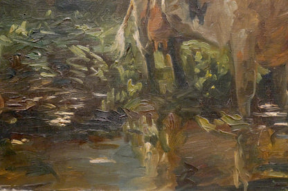 Impressionistic oil painting of cow at pond in forest, textured earthy tones