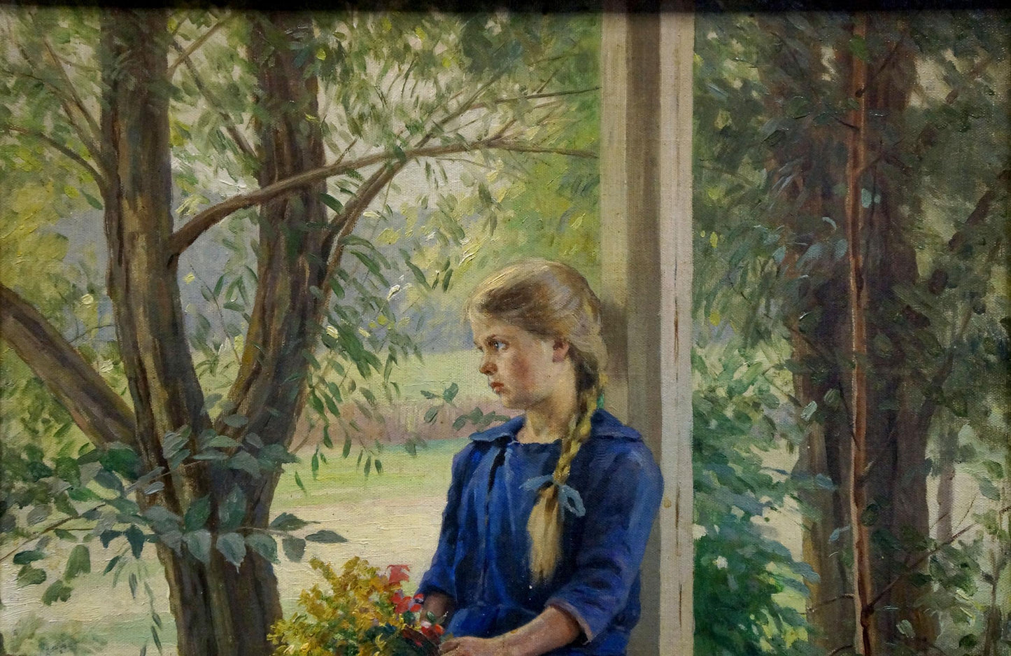 Oil painting by Laktionov Alexander Ivanovich: girl in blue dress with braided hair holding flowers by tree