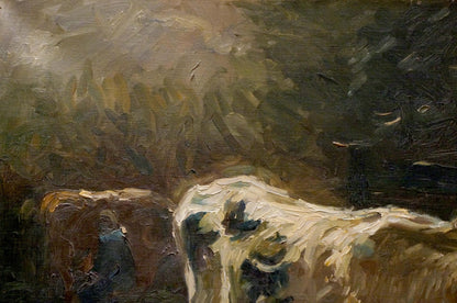 Oil painting of white cow with dark patches at the pond, impasto strokes