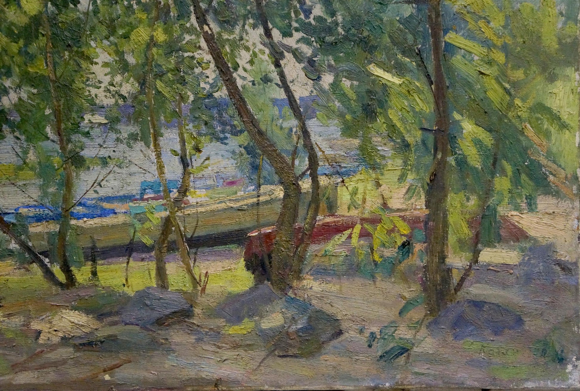 Rustic rowboat in park, oil painting by Latunov Grigory Antonovich