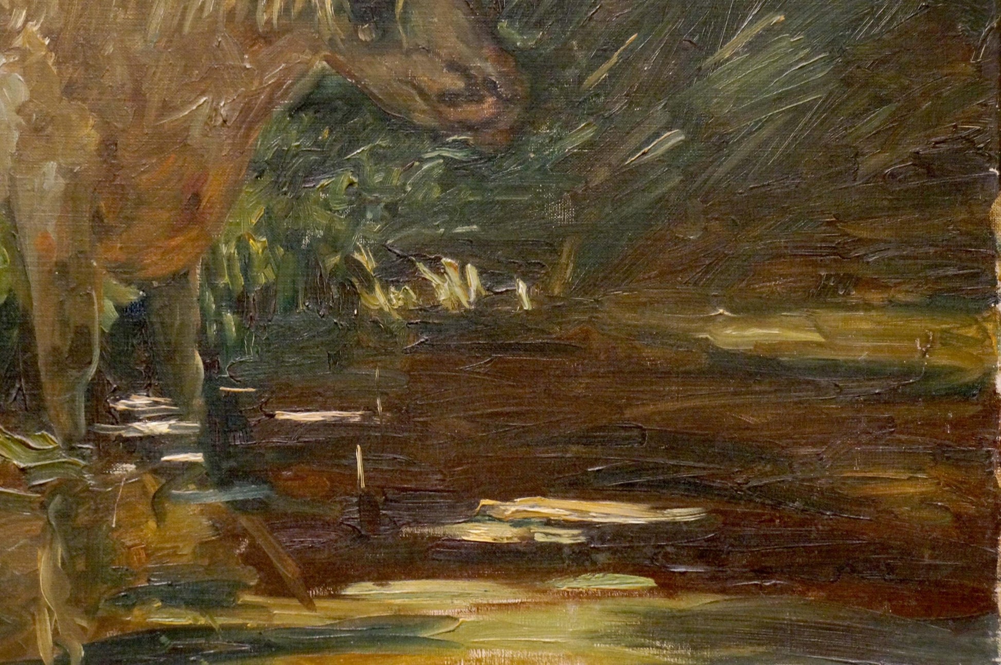 Textured oil painting of cow at pond in earthy tones with brushstrokes