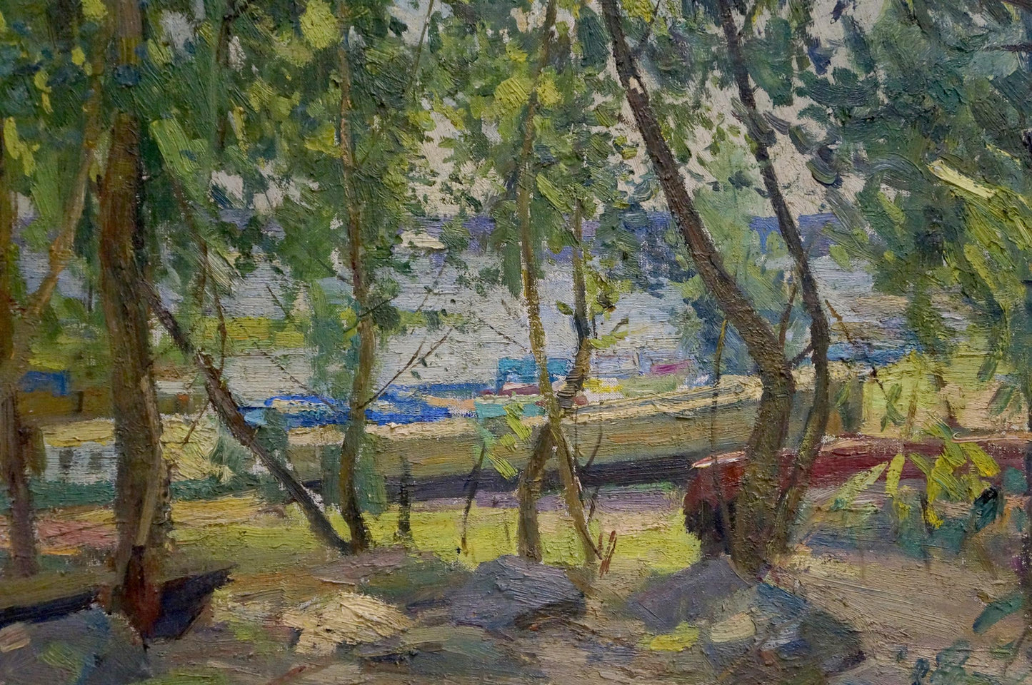 Vibrant impressionistic oil painting by Latunov Grigory Antonovich of wooded riverside park