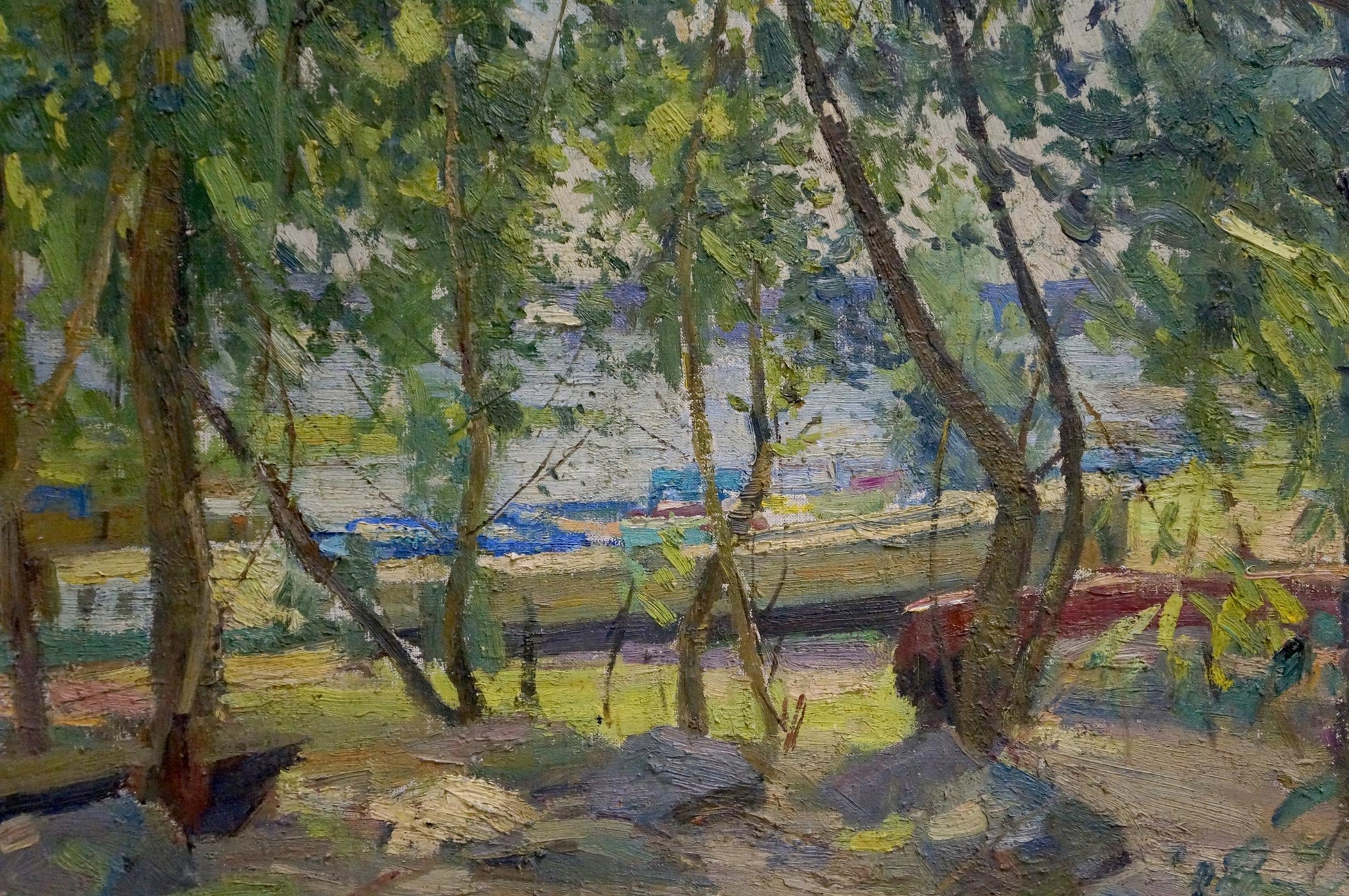 Vibrant impressionistic oil painting by Latunov Grigory Antonovich of wooded riverside park