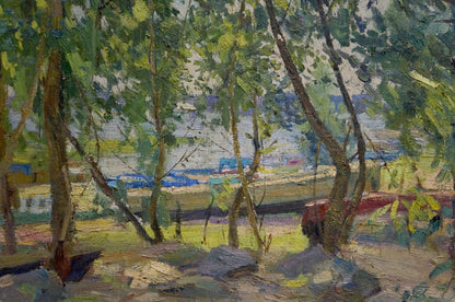 Vibrant impressionistic oil painting by Latunov Grigory Antonovich of wooded riverside park