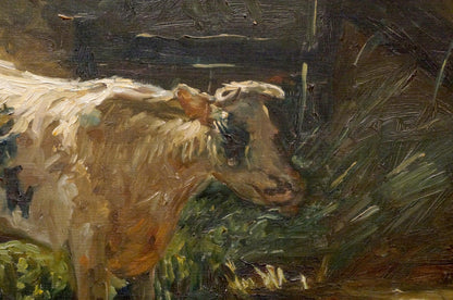 Rustic oil painting of brown and white cow grazing at pond