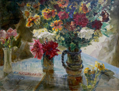 Oil painting by Latunov Grigory Antonovich: rustic pitcher with colorful flowers