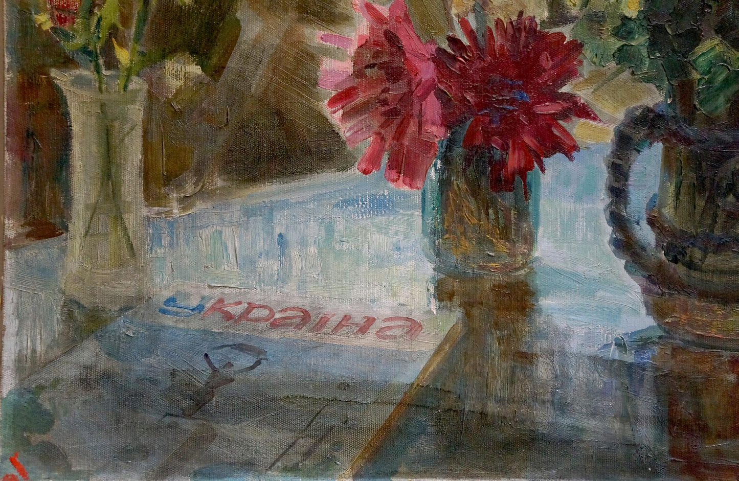 Vibrant red and pink dahlia in glass vase, Latunov Grigory Antonovich oil painting