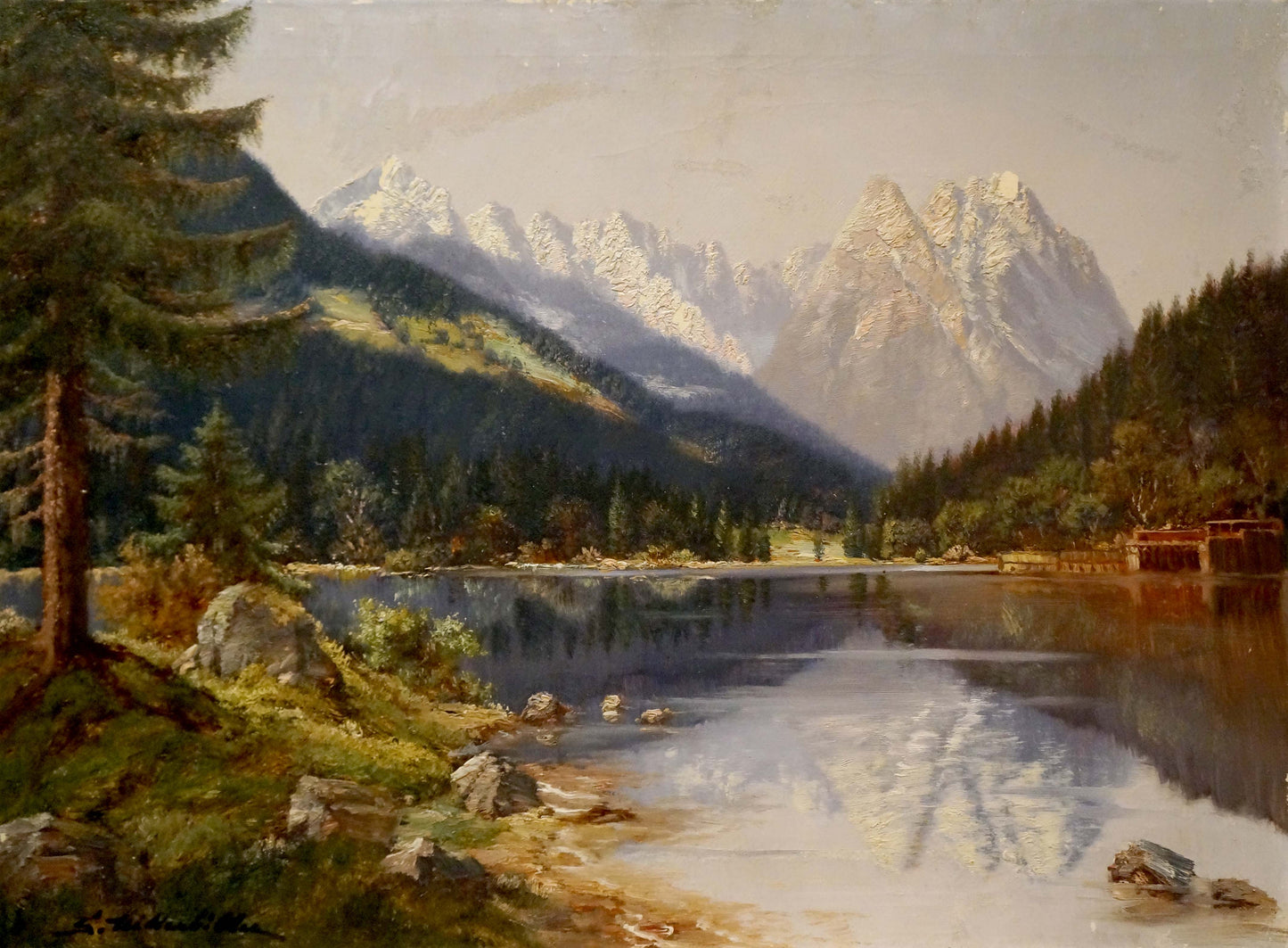 Oil painting by S. Mitterbiller: serene mountain lake reflecting peaks and forests