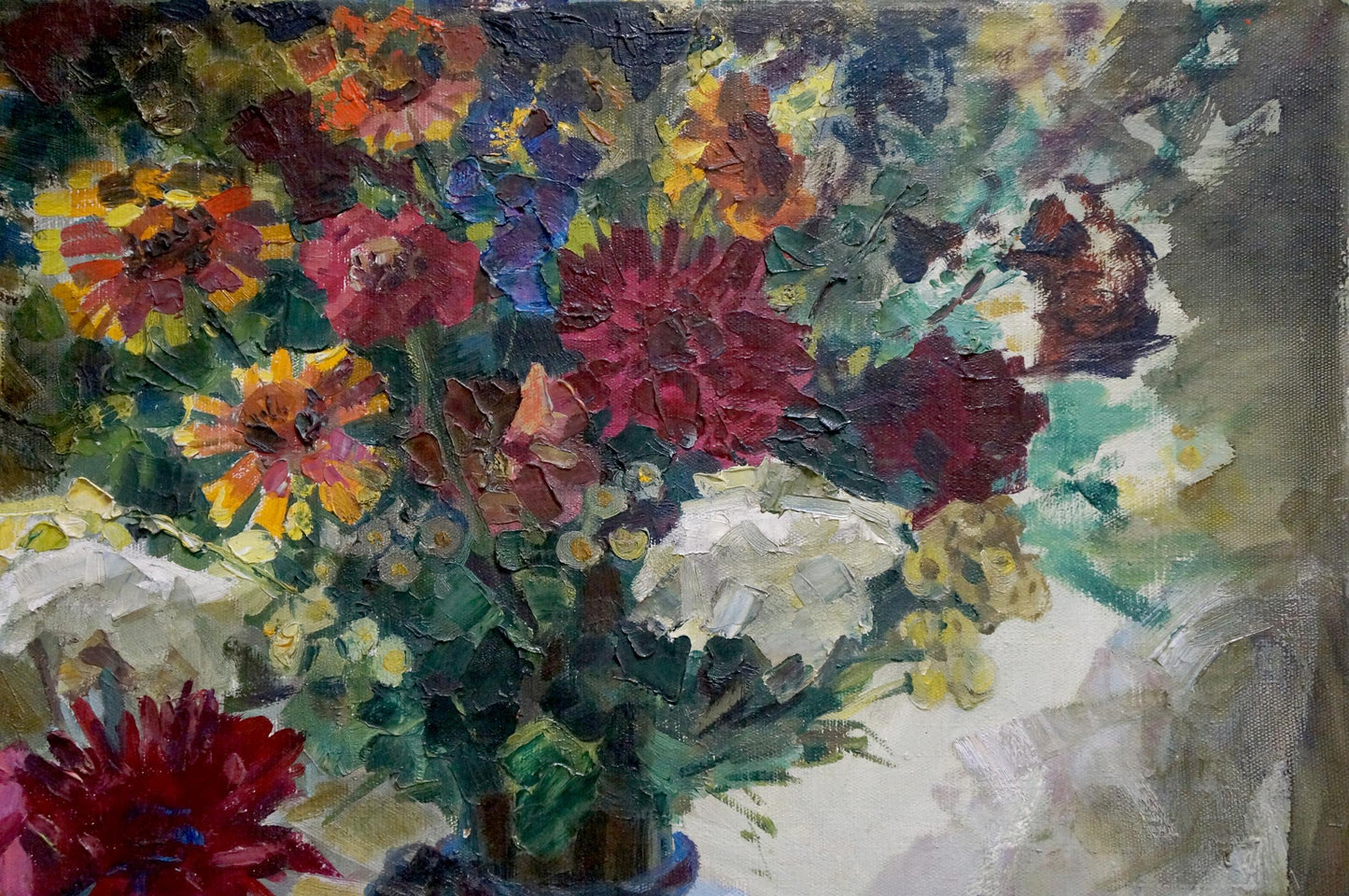 Vibrant oil painting of lush florals in blue vase by Latunov Grigory Antonovich