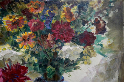 Vibrant oil painting of lush florals in blue vase by Latunov Grigory Antonovich