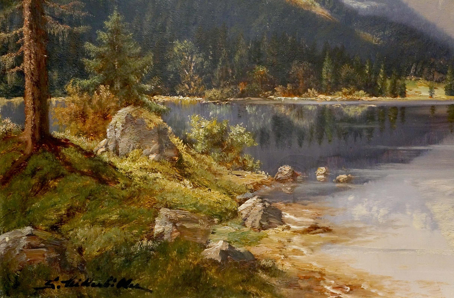 Serene oil painting by S. Mitterbiller of tranquil mountain lake