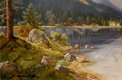 Serene oil painting by S. Mitterbiller of tranquil mountain lake