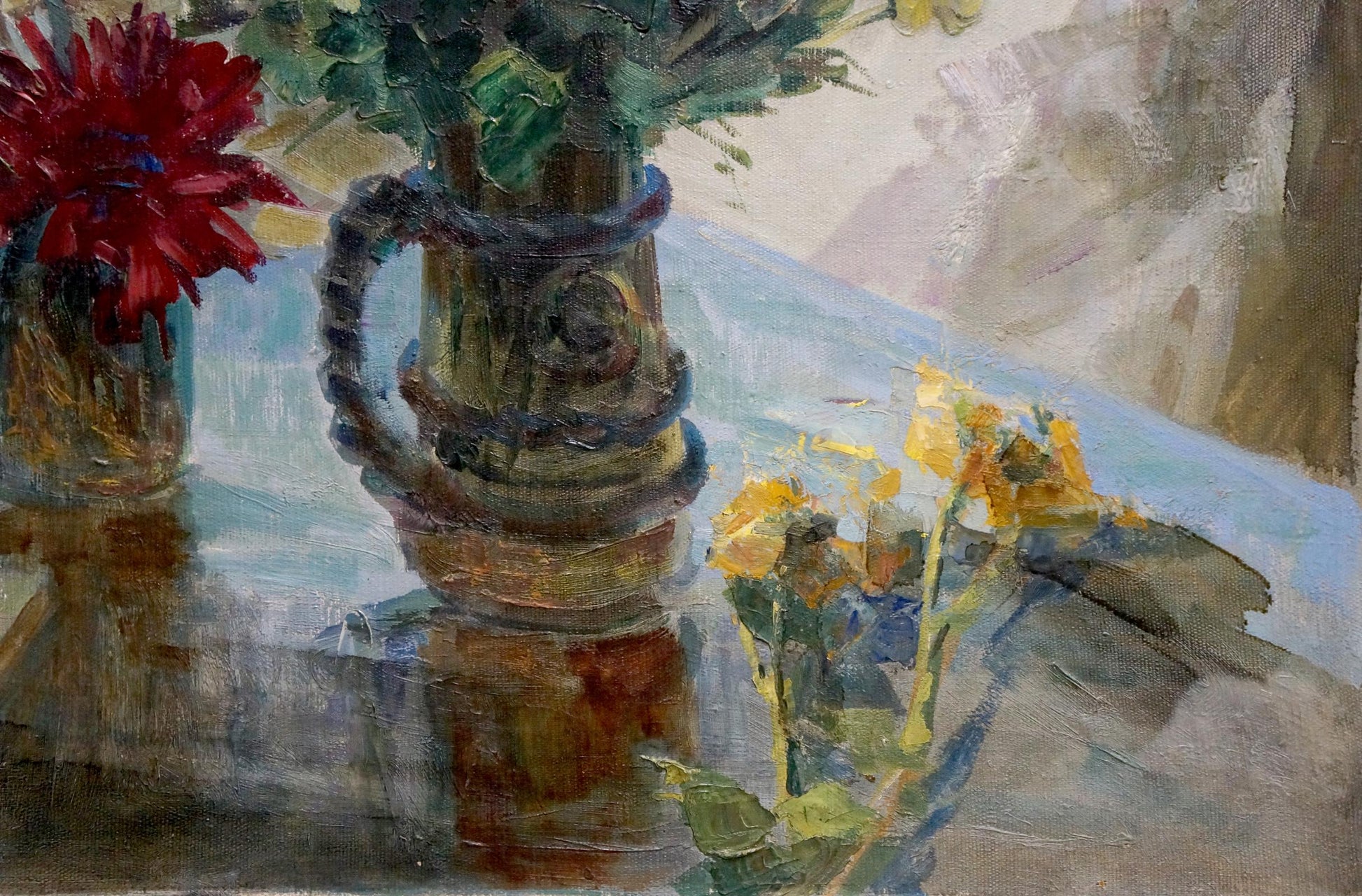 Oil painting by Latunov Grigory Antonovich: rustic ceramic jug with foliage