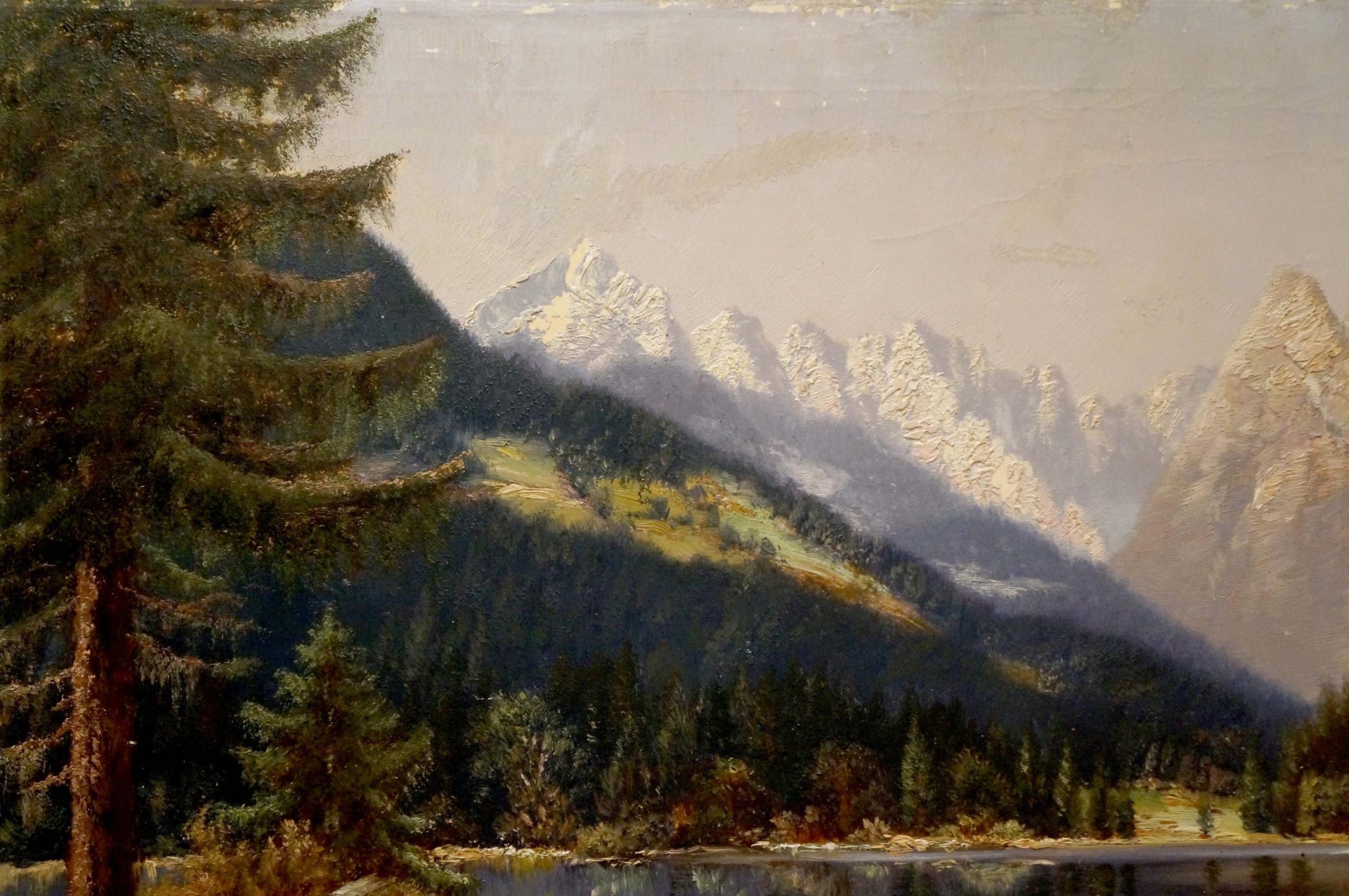 Oil painting Natural beauty by S. Mitterbiller: serene snowy mountains and lake